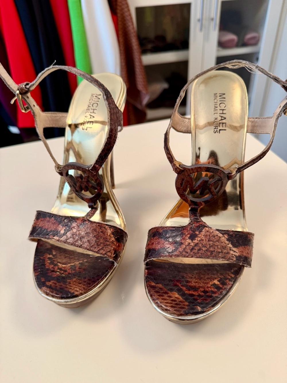 Michael Kors Brown Snake-Print T-Strap Stiletto Sandals with Gold Accents